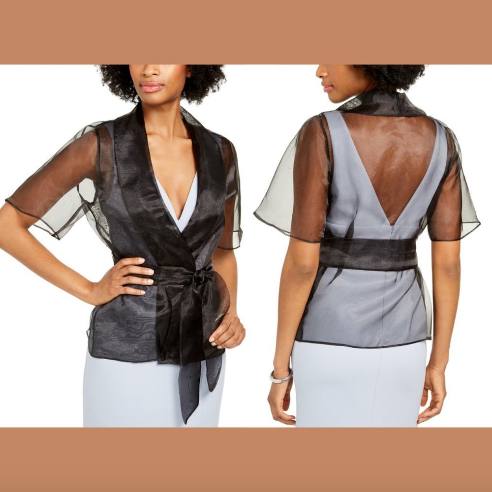 NEW‎ $75 Adrianna Papell Open-Front Organza Shrug in Black [ SZ XS ]